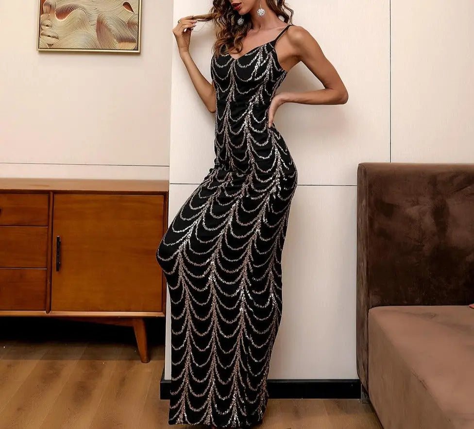 Jazlynn V-Neck Wave Sequins Maxi Dress - Mscooco.co.uk