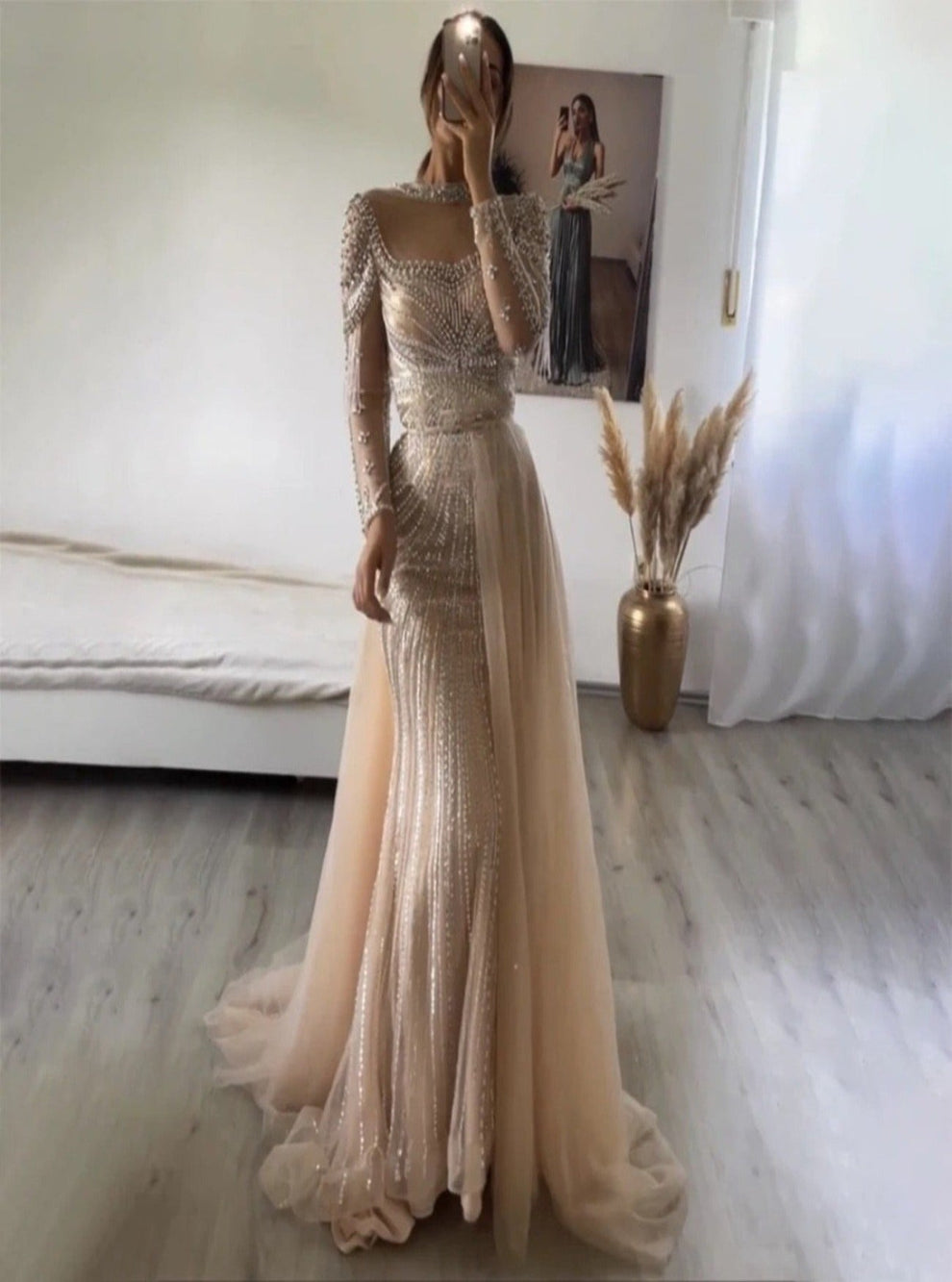 slim fit dress slacks Aiyana Gold Luxury Sequins Crystal Evening Dress
