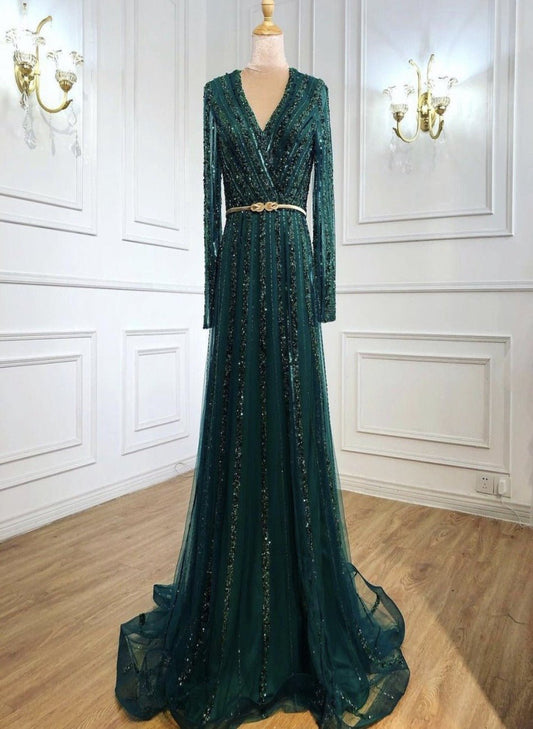 Jessica Elegant Long Sleeves Beading Evening Dress - Mscooco.co.uk