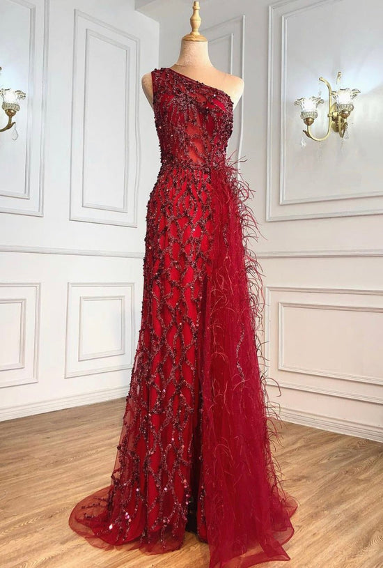 Mermaid Burgundy Split Prom Dress with Feather Beadings Sleeveless main image 1