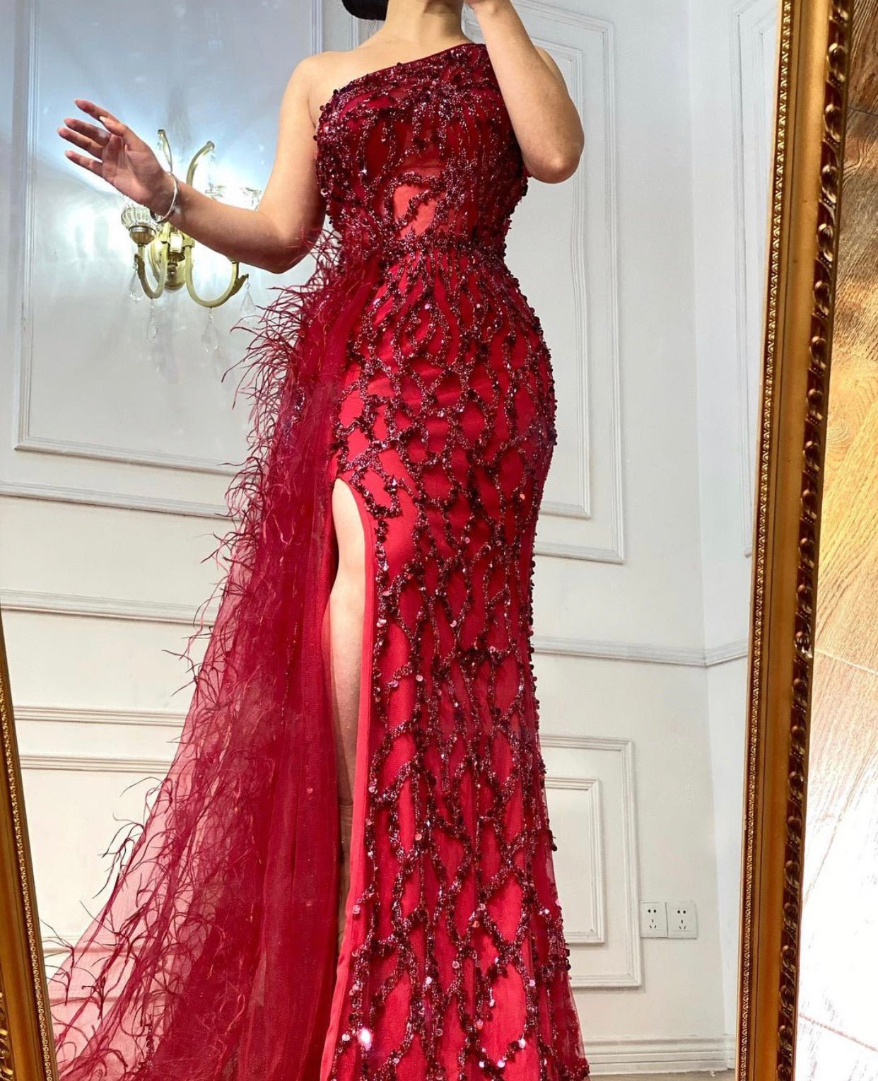 Jolene Split Mermaid Beading Feathers Evening Dress - Mscooco.co.uk