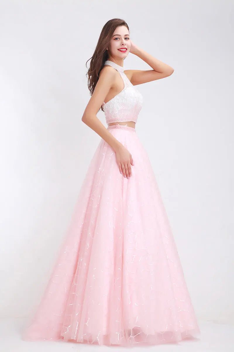 Kerry Pink High Neck Beading Two Piece Gown - Mscooco.co.uk
