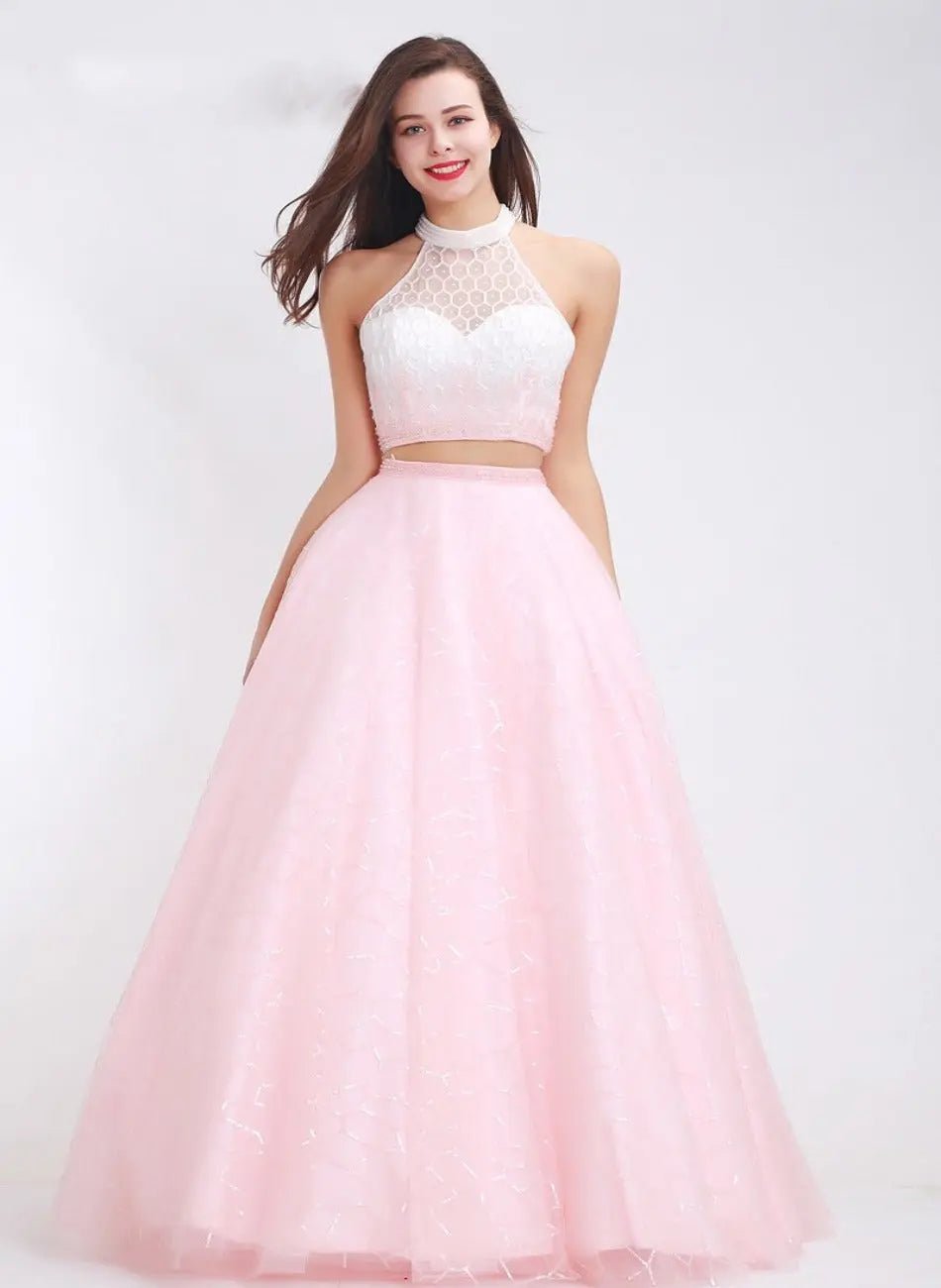Kerry Pink High Neck Beading Two Piece Gown - Mscooco.co.uk