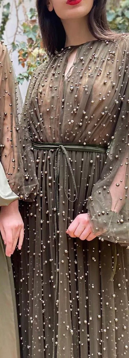 Khaki Pearls Embellished Maxi Dress - Mscooco.co.uk