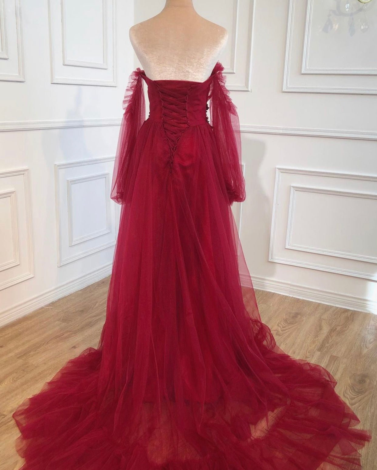 Lesha Long Puff Sleeves Lace Up Simple Evening Dress - Mscooco.co.uk