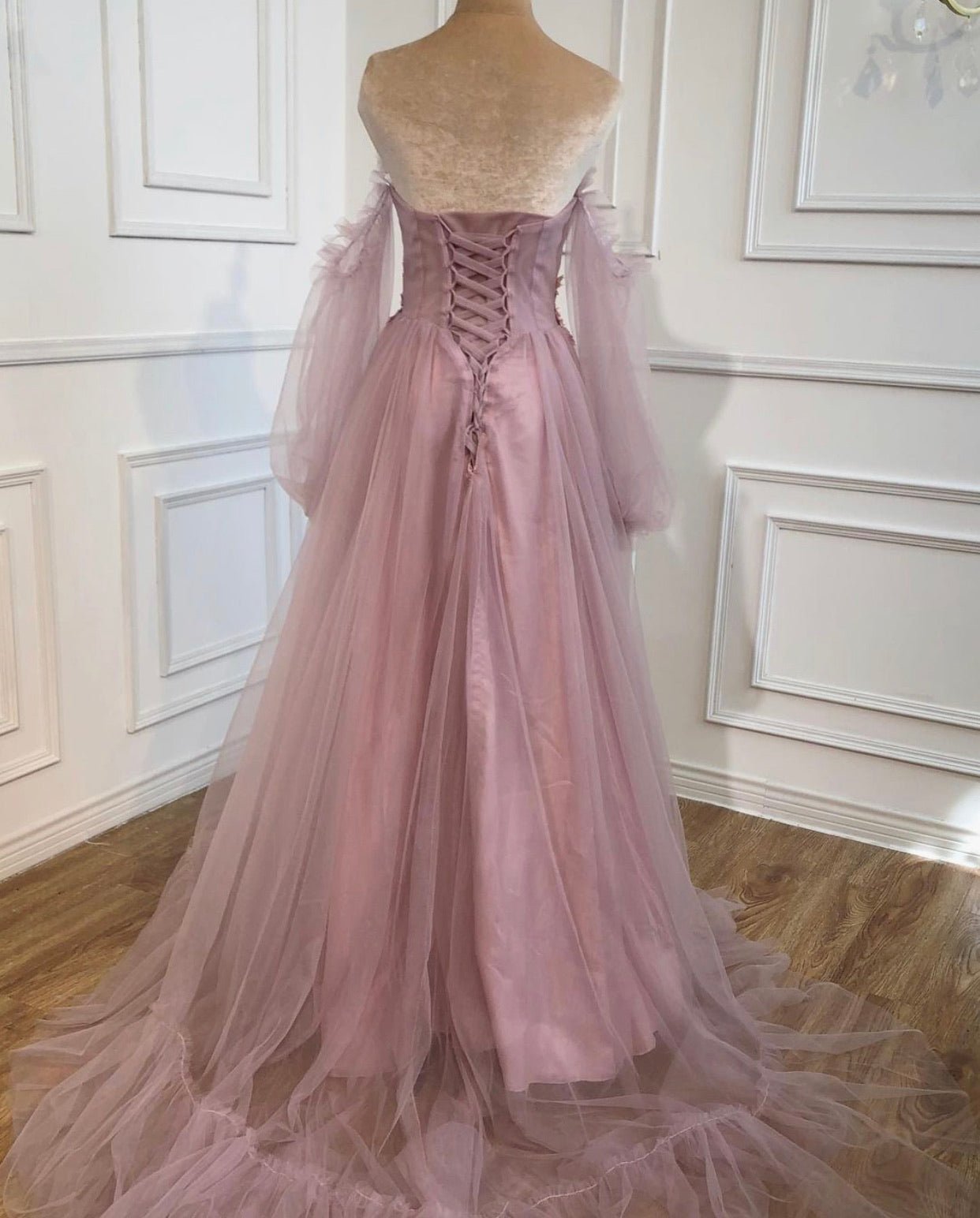 Lesha Long Puff Sleeves Lace Up Simple Evening Dress - Mscooco.co.uk