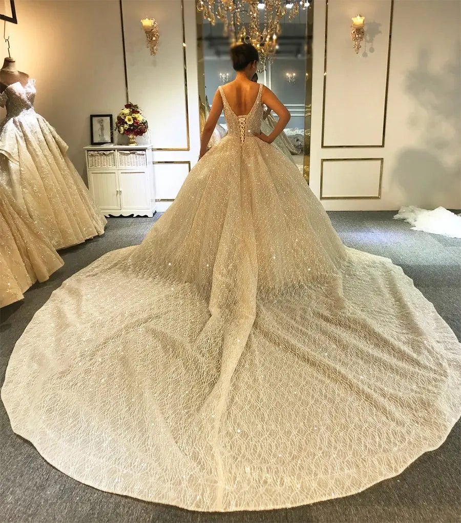 Luxury Beaded Cathedral Train Wedding Gown - Mscooco.co.uk