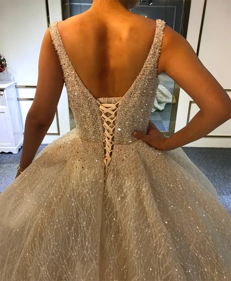 Luxury Beaded Cathedral Train Wedding Gown - Mscooco.co.uk