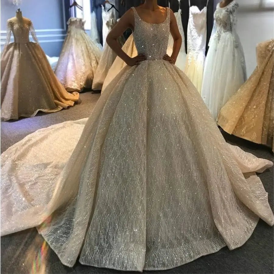 Luxury Beaded Cathedral Train Wedding Gown - Mscooco.co.uk