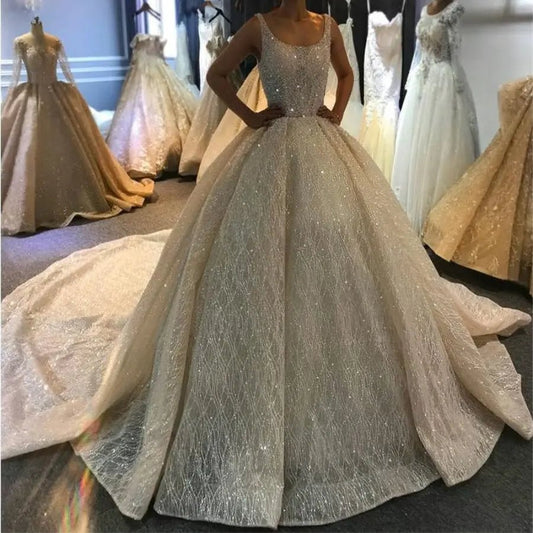 Luxury Beaded Cathedral Train Wedding Gown - Mscooco.co.uk