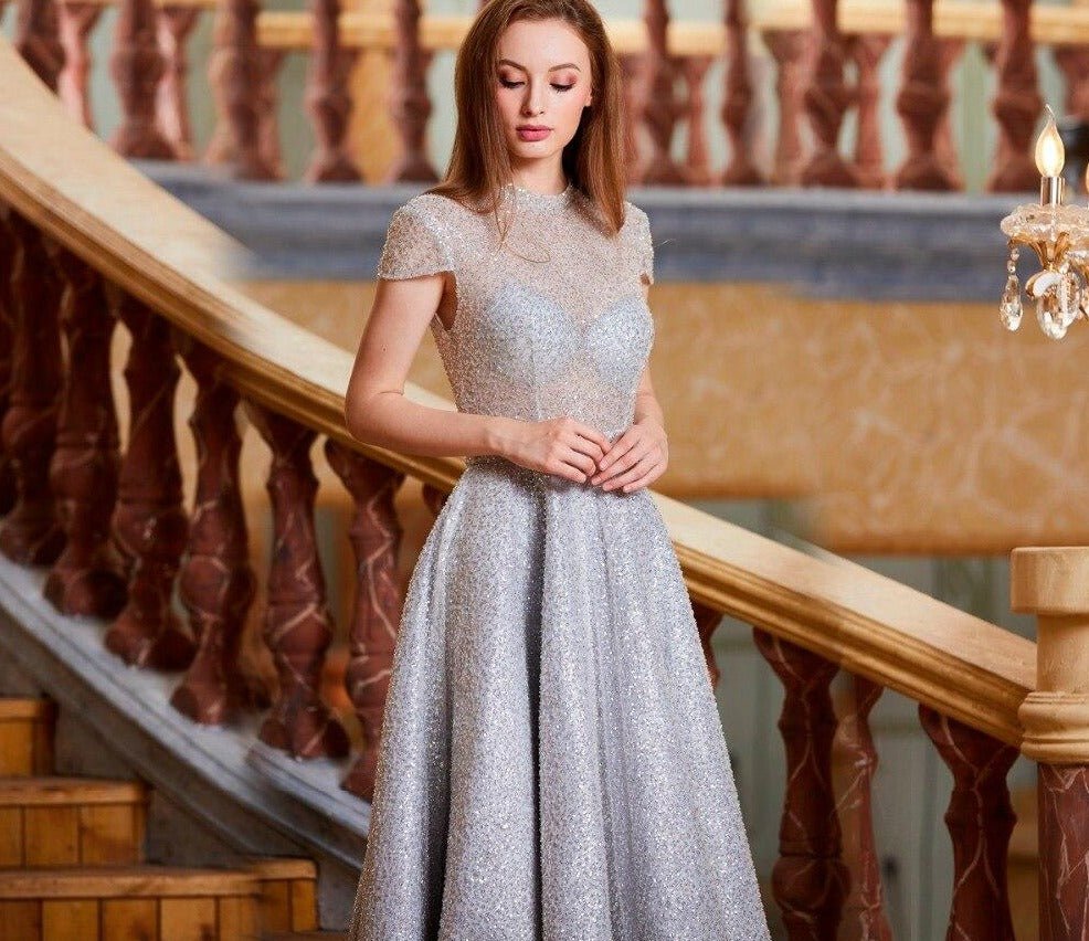 Manette Sparkle Fully Beaded Short Sleeve Formal Party Dress - Mscooco.co.uk
