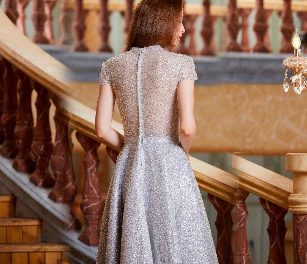 Manette Sparkle Fully Beaded Short Sleeve Formal Party Dress - Mscooco.co.uk