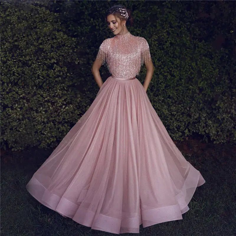 Maria - Pink Tassel Beading Evening Dress - Mscooco.co.uk