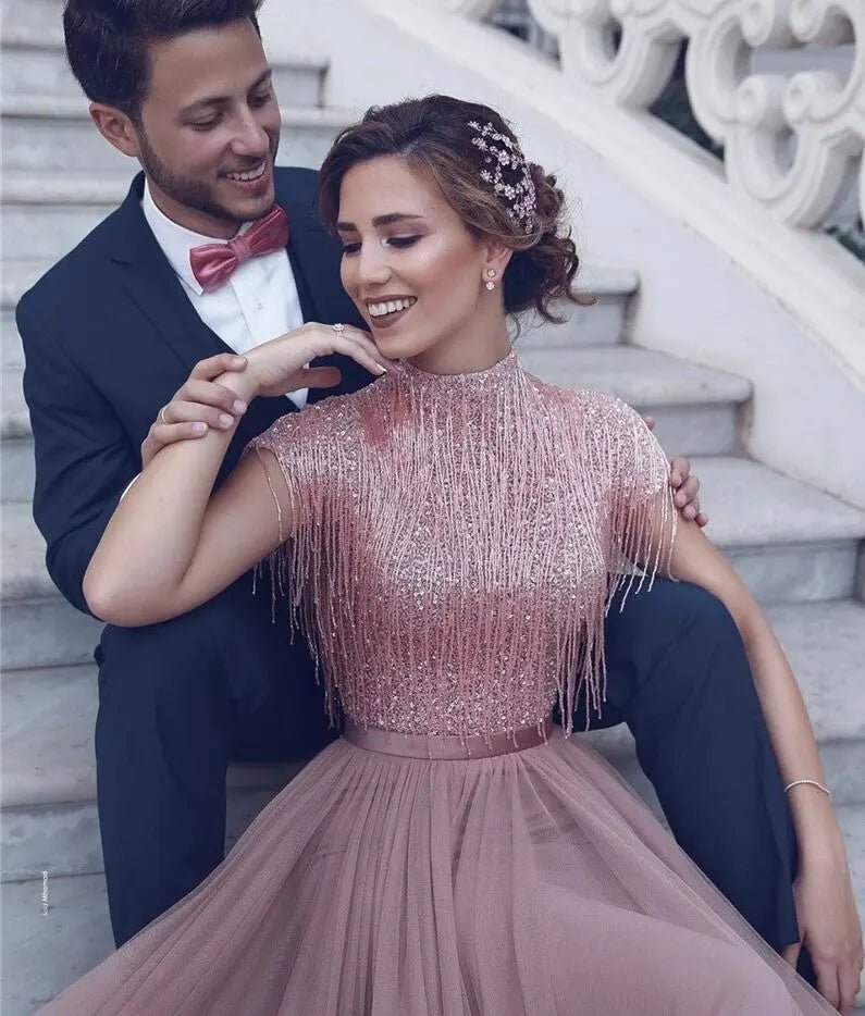 Maria - Pink Tassel Beading Evening Dress - Mscooco.co.uk