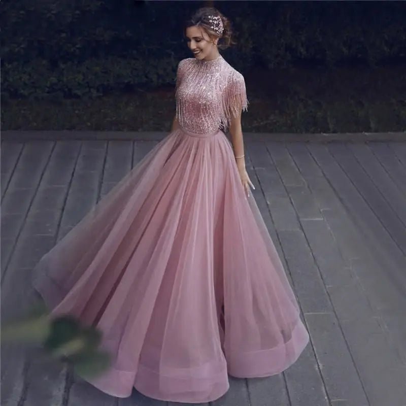 Maria - Pink Tassel Beading Evening Dress - Mscooco.co.uk