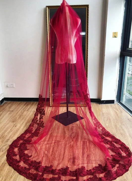 Maroon Long Lace Veil - Mscooco.co.uk