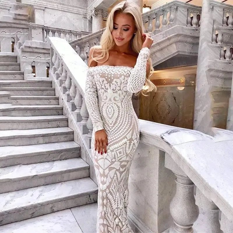 Mesh White Lace Sequin Maxi Dress - Mscooco.co.uk