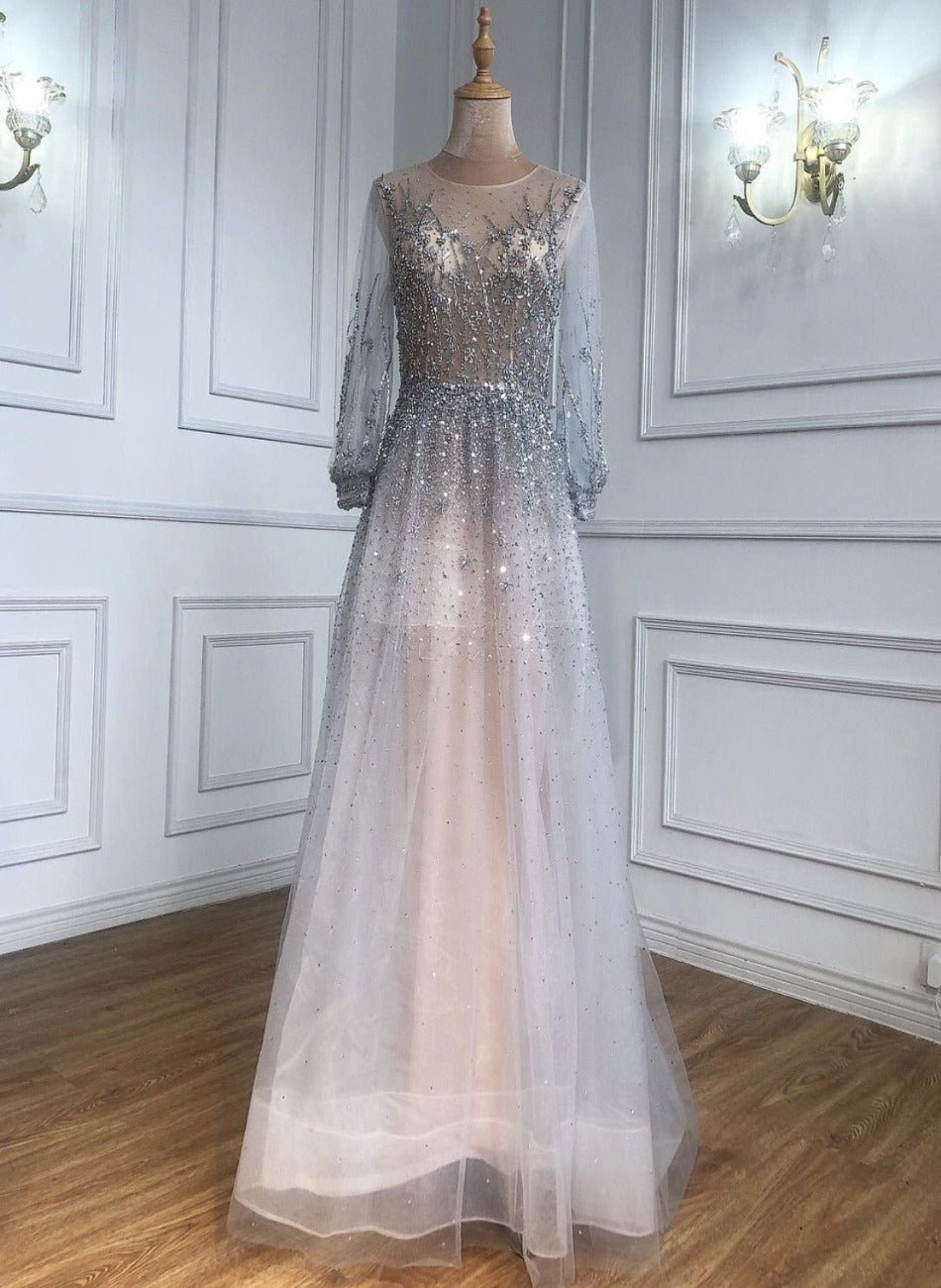 Micaela Silver Luxury A-Line Formal Evening Dress - Mscooco.co.uk