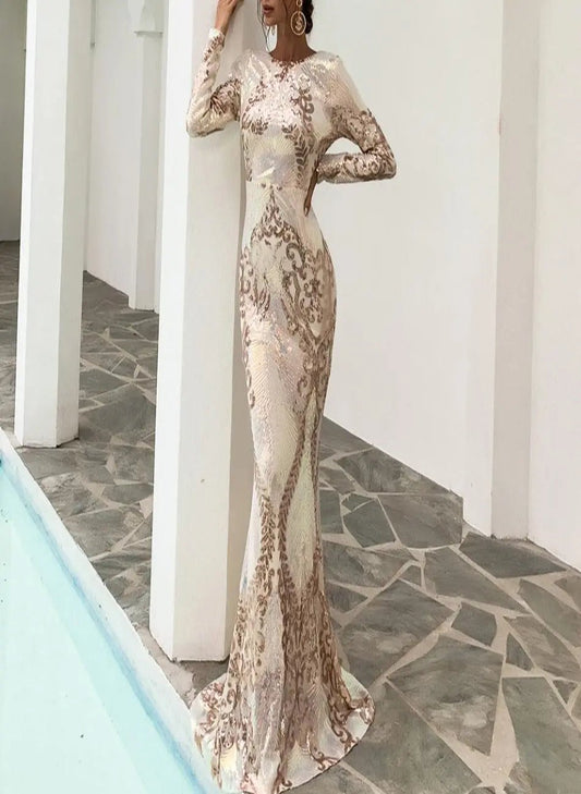 Micah Long Sleeves Backless Sequin Maxi Dress - Mscooco.co.uk