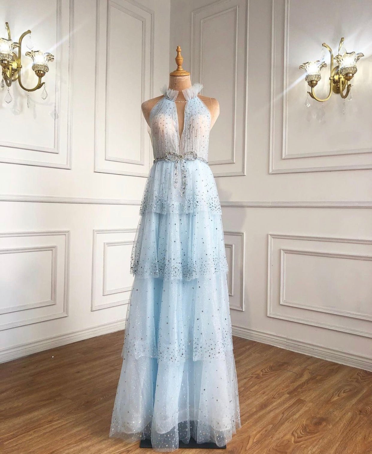 Monroe Halter Beading Tiered Tulle Evening Dress - Mscooco.co.uk
