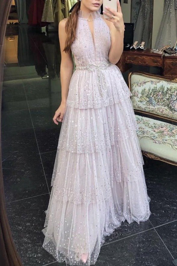 Monroe Halter Beading Tiered Tulle Evening Dress - Mscooco.co.uk