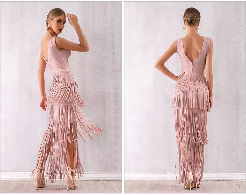 Pink Fringe Maxi Tassel Dress Mscooco.co.uk