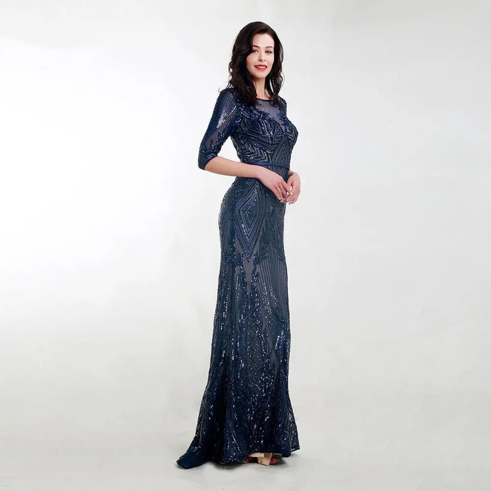 Navy Blue Short Sleeves Sequin Maxi Dress - Mscooco.co.uk