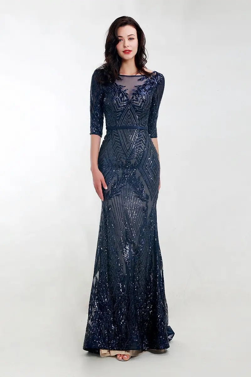 Navy Blue Short Sleeves Sequin Maxi Dress - Mscooco.co.uk