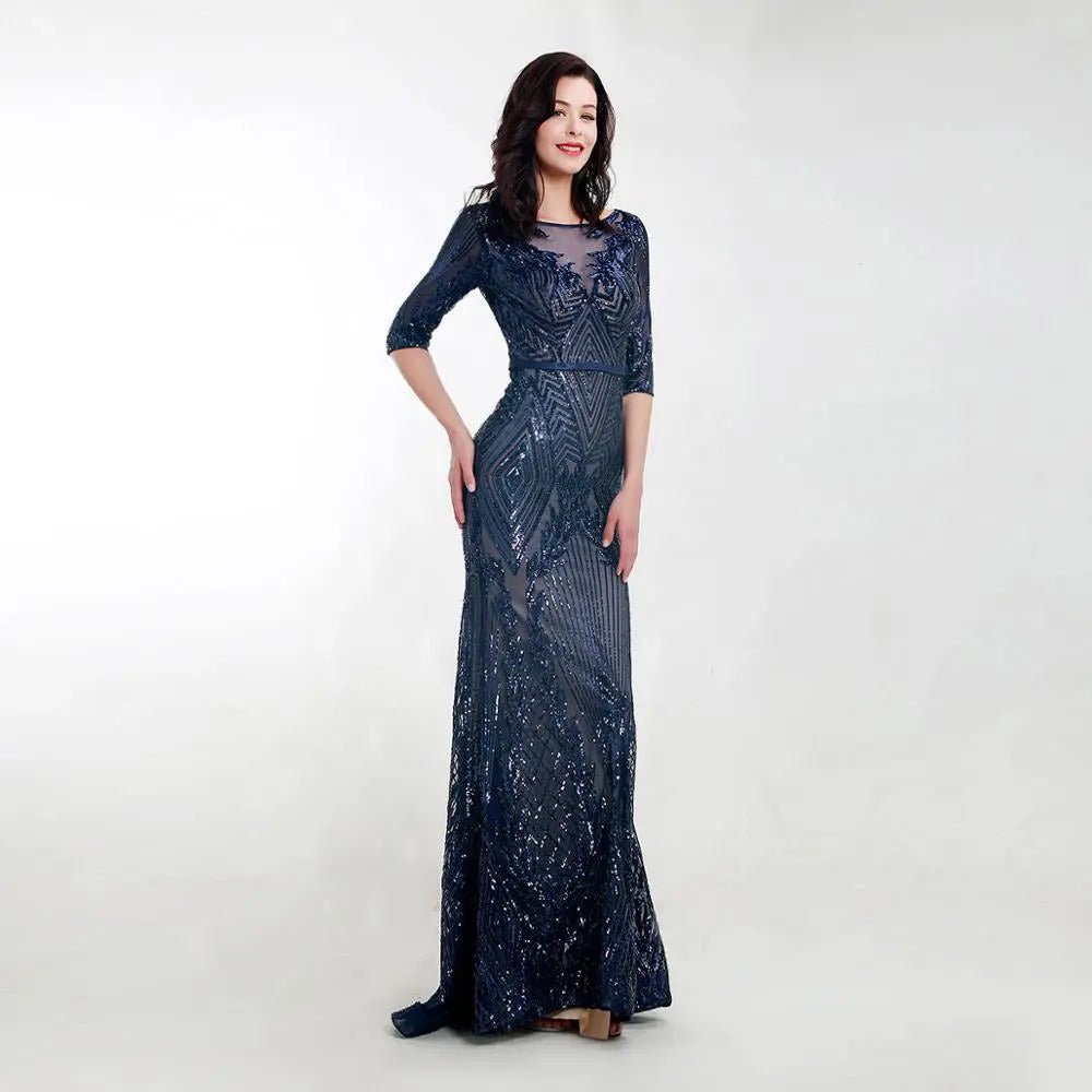 Navy Blue Short Sleeves Sequin Maxi Dress - Mscooco.co.uk