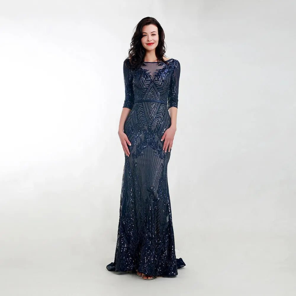 Navy Blue Short Sleeves Sequin Maxi Dress - Mscooco.co.uk