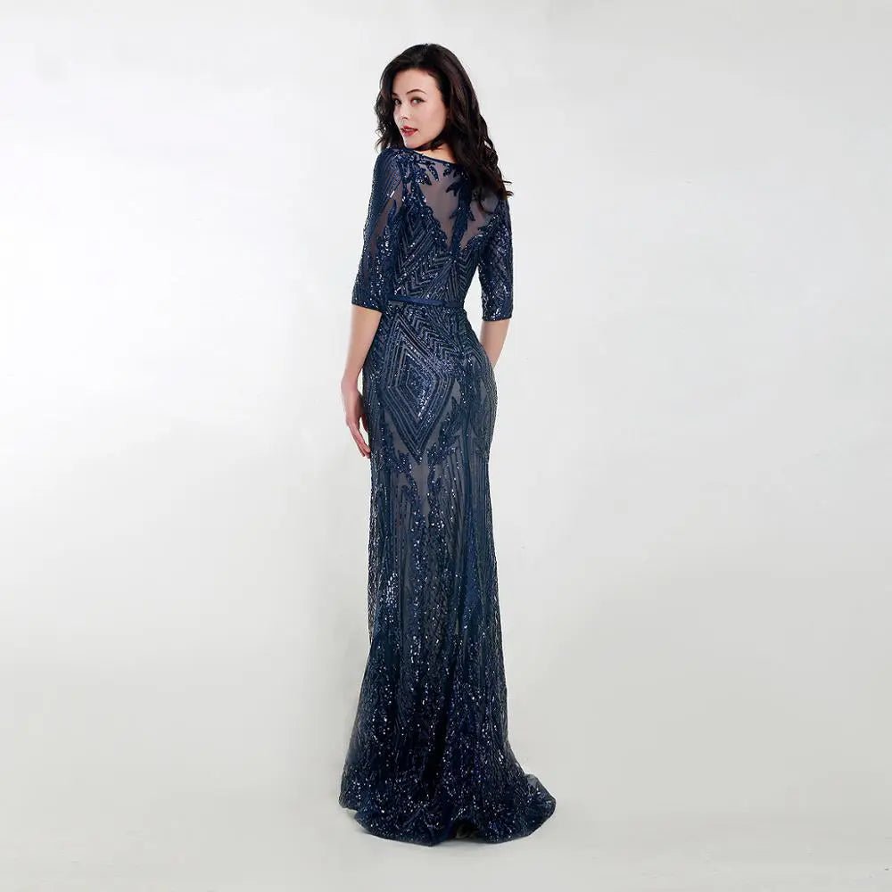 Navy Blue Short Sleeves Sequin Maxi Dress - Mscooco.co.uk