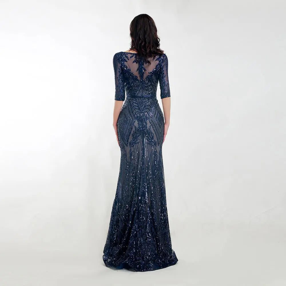 Navy Blue Short Sleeves Sequin Maxi Dress - Mscooco.co.uk