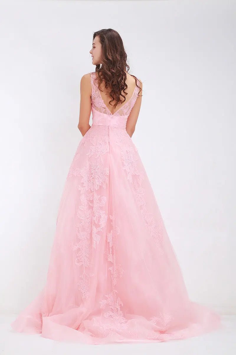 Naya Pink V-Neck Backless Appliques Tulle Formal Dress - Mscooco.co.uk