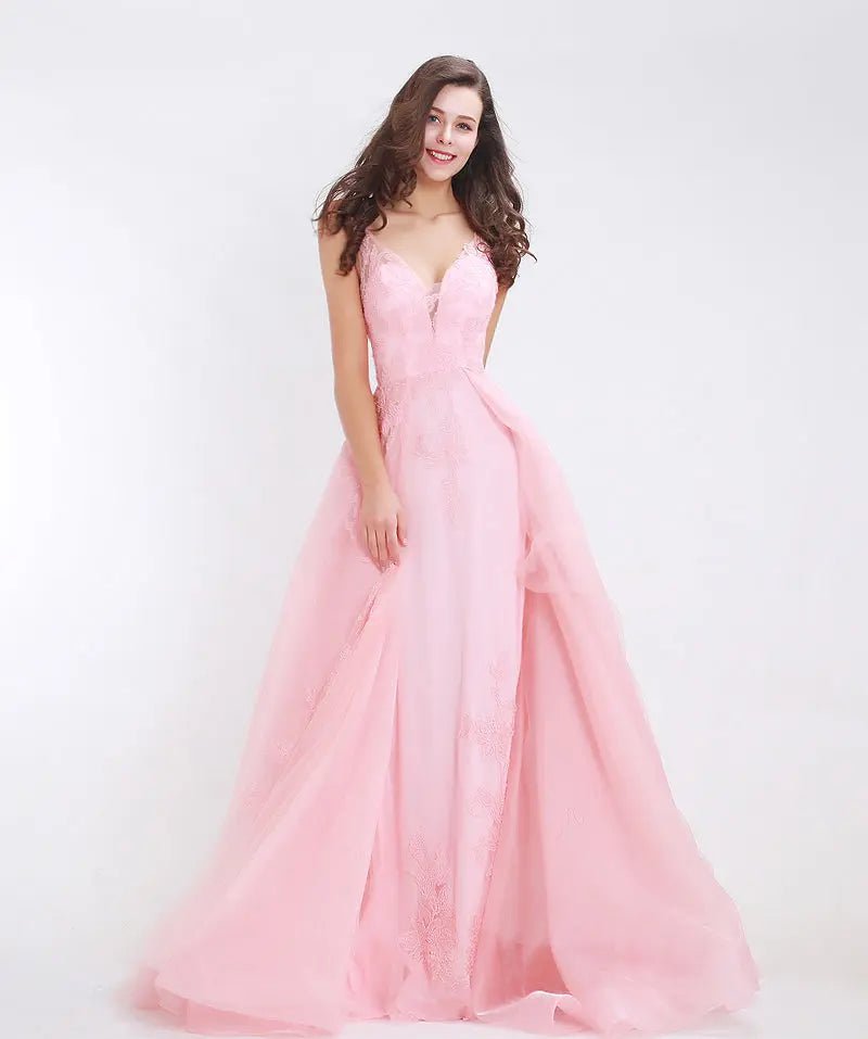 Naya Pink V-Neck Backless Appliques Tulle Formal Dress - Mscooco.co.uk