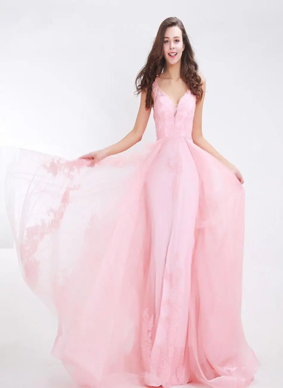 Naya Pink V-Neck Backless Appliques Tulle Formal Dress - Mscooco.co.uk