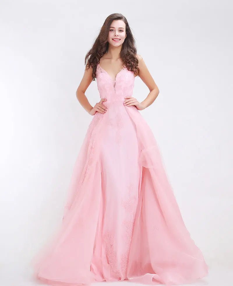 Naya Pink V-Neck Backless Appliques Tulle Formal Dress - Mscooco.co.uk
