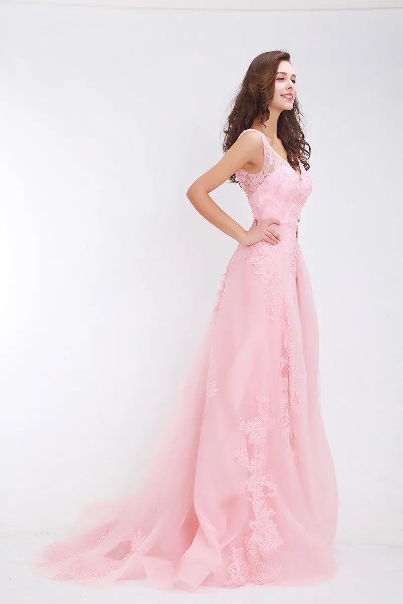 Naya Pink V-Neck Backless Appliques Tulle Formal Dress - Mscooco.co.uk