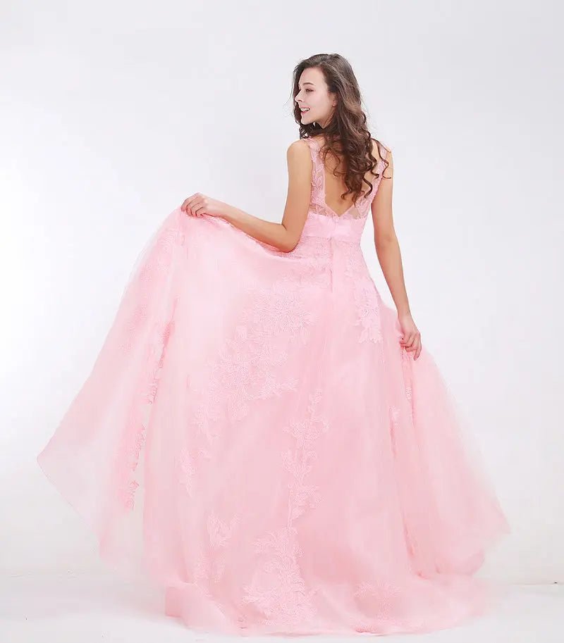 Naya Pink V-Neck Backless Appliques Tulle Formal Dress - Mscooco.co.uk