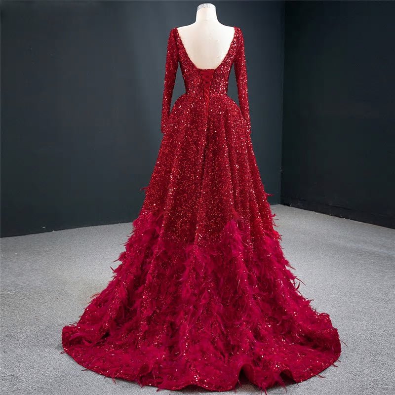 Nova - Sequins Feathers Evening Dress - Mscooco.co.uk