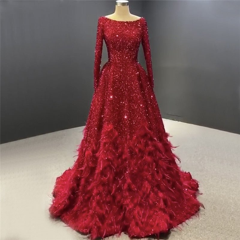 Nova - Sequins Feathers Evening Dress - Mscooco.co.uk