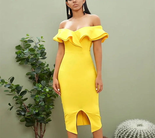 Off Shoulder Ruffles Midi Dress - Mscooco.co.uk