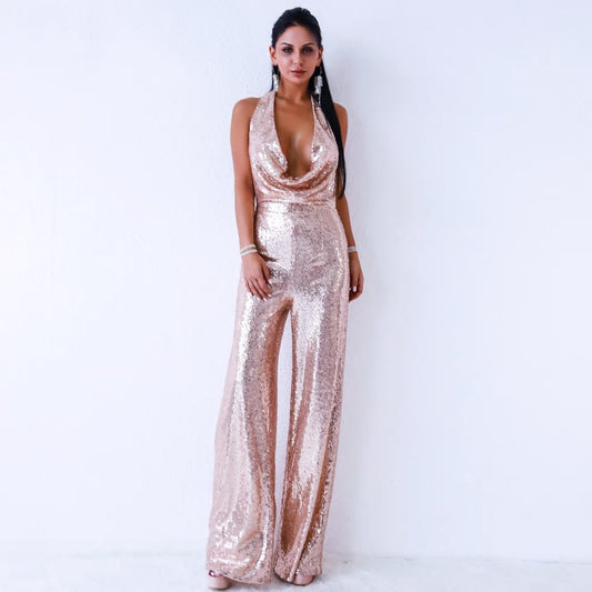 Off Shoulder Sleeveless Backless Sequin Jumpsuit - Mscooco.co.uk