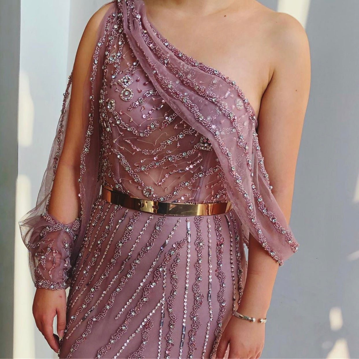 One shoulder Beaded Sparkle Evening Gown - Mscooco.co.uk