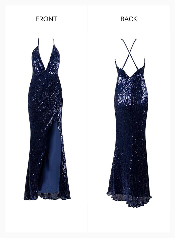 Open Back Cross Split Sequins Party Maxi Dress - Mscooco.co.uk