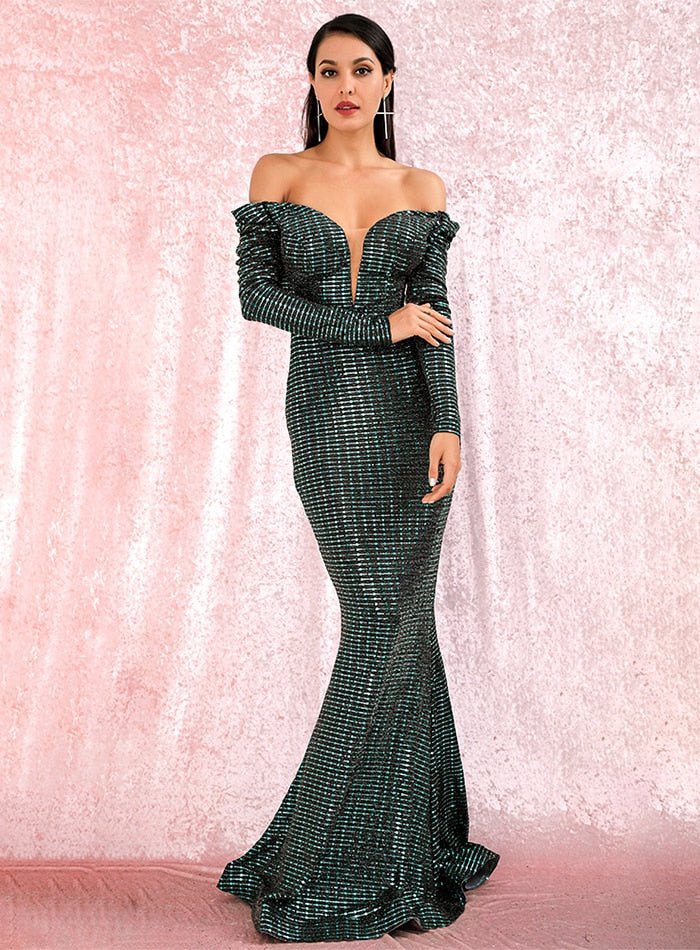 Open Shoulder Sequins Long Sleeve Maxi Dress - Mscooco.co.uk