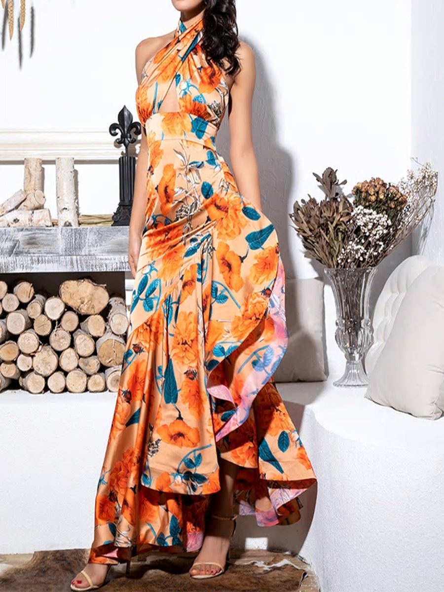 Orange Ruffled Floral Maxi Dress - Mscooco.co.uk