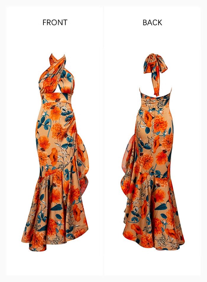 Orange Ruffled Floral Maxi Dress - Mscooco.co.uk
