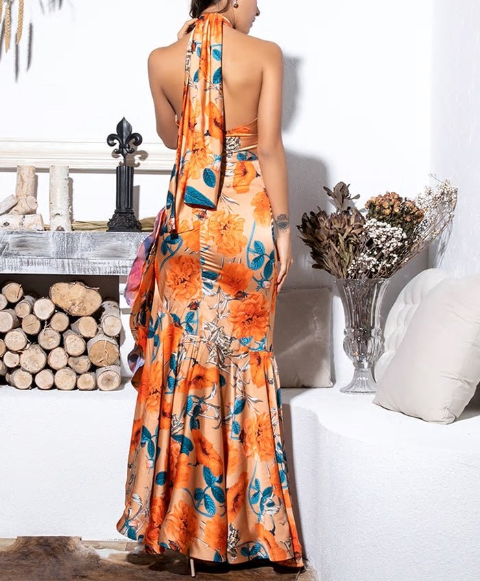 Orange Ruffled Floral Maxi Dress - Mscooco.co.uk