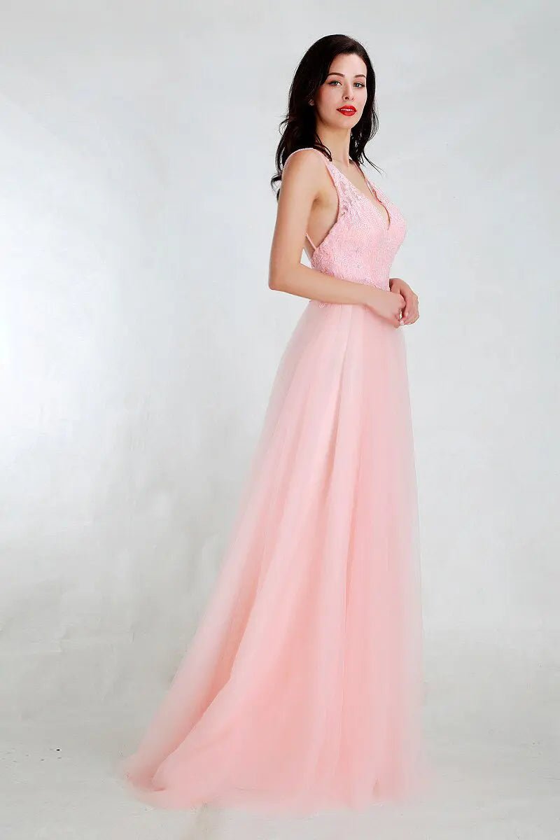 Perri - Pink V-Neck A Line Prom Dress - Mscooco.co.uk