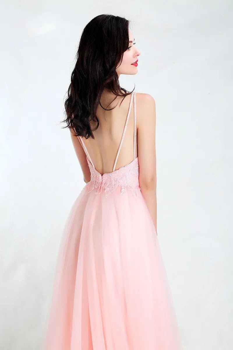 Perri - Pink V-Neck A Line Prom Dress - Mscooco.co.uk